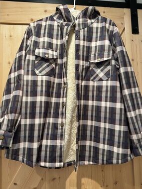 Hooded Plaid Sherpa-Lined Shacket in Green, Brown & Cream